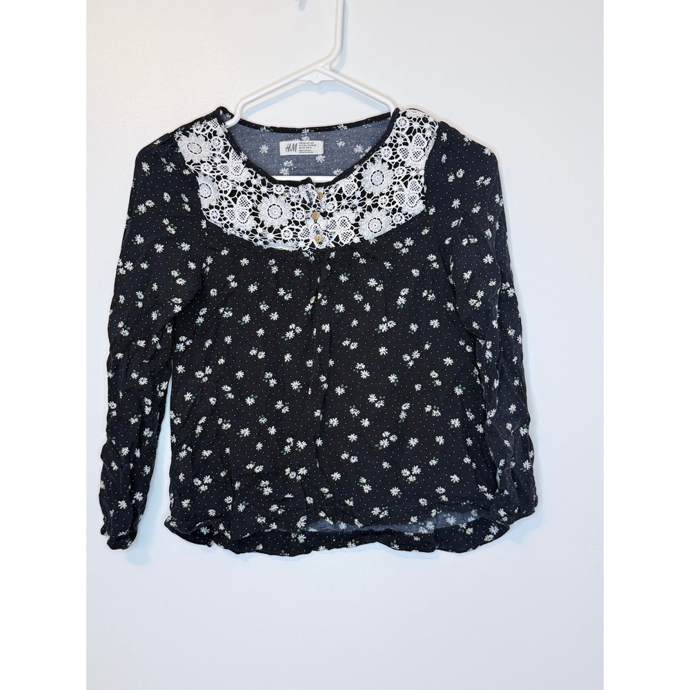 HM Kids‎ Floral Lace Long Sleeve Blouse Black White Daisy Girls Size 10
